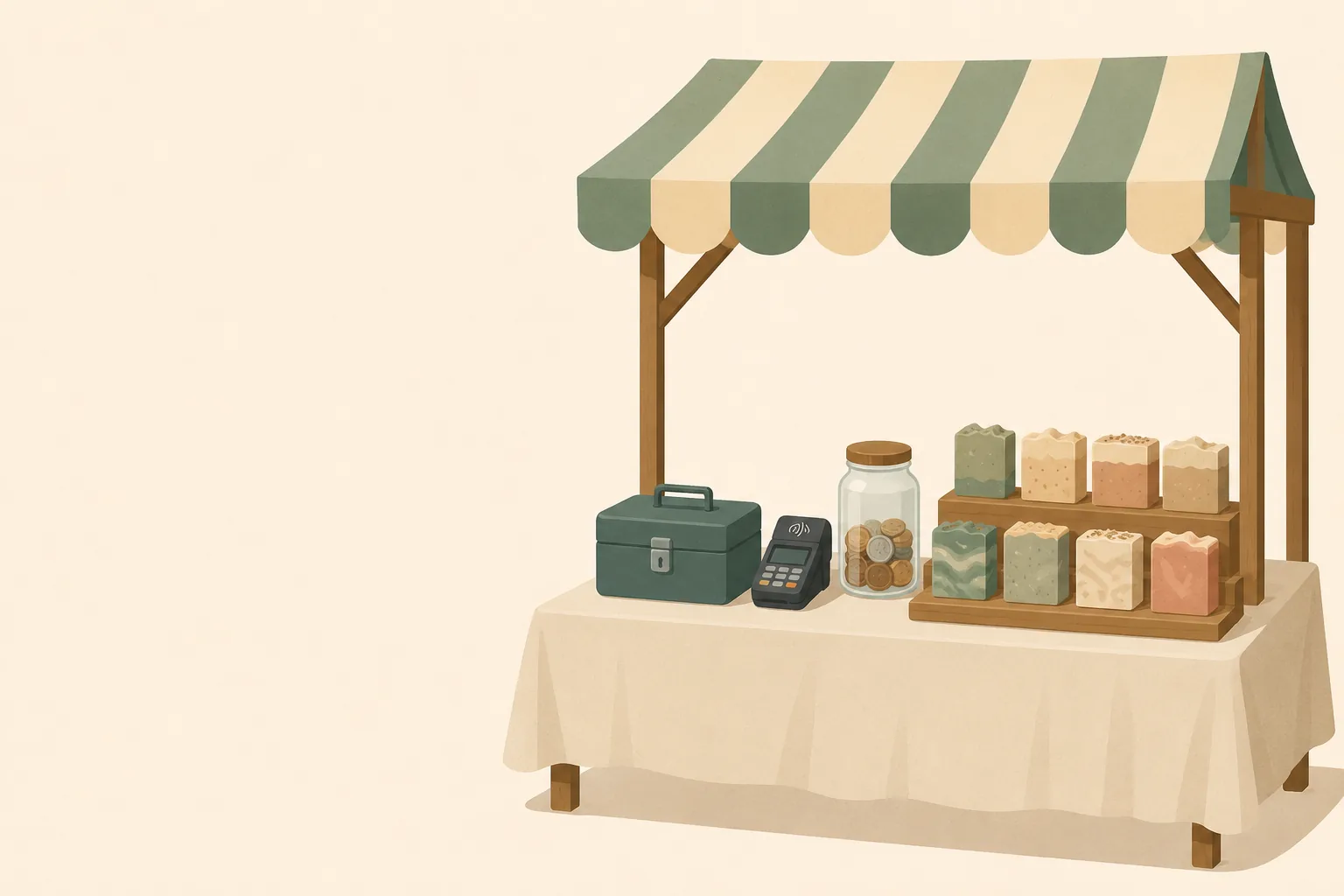 A market stall with a striped awning, cash box and priced handmade goods